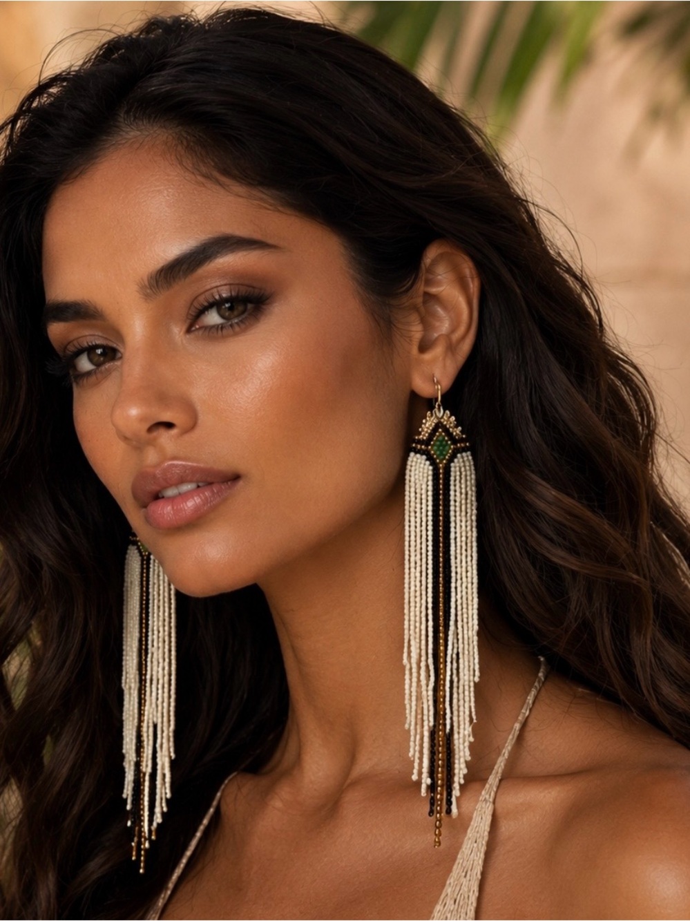 Ivory and Green Beaded Fringe Drop Earrings